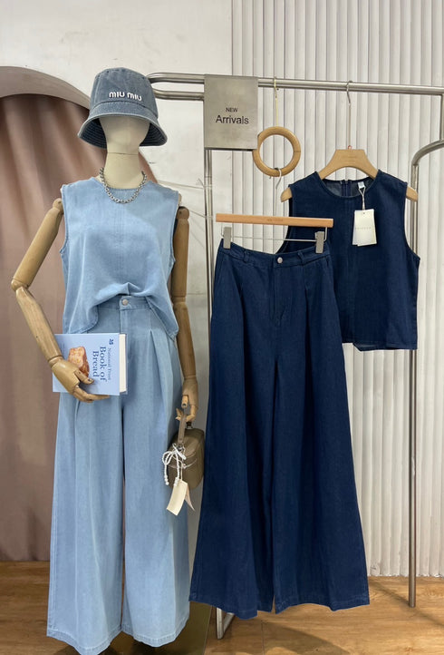 Sleeveless Denim Casual Top With Wide Leg Trousers Co-Ord Sets
